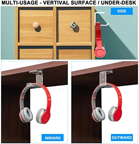 Cosmos 2 Pcs Headphone Hanger Mount Under-Desk Headset Hanger Hook Earphone Holder Wall Mount Hooks with Adhesive Tape & Screw Set Compatible with PC Gaming DJ Headset, Acrylic (Transparent Clear) - Image 3