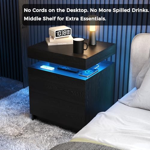 LED Nightstands Set of 2, Modern Black Night Stand End Tables with APP & Remote Control LED Lighting, 2 Drawers, Open Shelf Storage, Bedside Tables for Bedroom and Living Room - Image 3