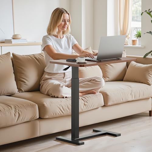 Simple Deluxe Adjustable Overbed Bedside Table with Wheels, Pneumatic Adjustable Hospital & Home Use Bed Table, Rolling Laptop Table, Mobile Standing Desk, Brown - Image 2