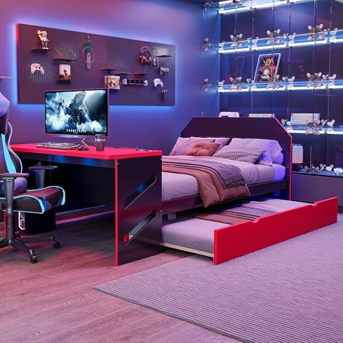 Bellemave Full Size Gaming Bed with Desk and USB,Full Bed with Trundle,Wood Platform Bed with Trundle for Girls Boys,Red - Image 4