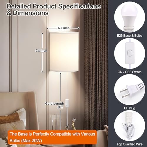 Yunaking Plug in Wall Sconces Set of Two Wall Lights with On/Off Switch - Image 6