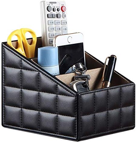Fashionable PU Leather TV Remote Control Holder with 3 Compartments, Storage Rack, Storage Box, Media Accessory Storage, Desk Organizers (Black Grid) by RHCSZ