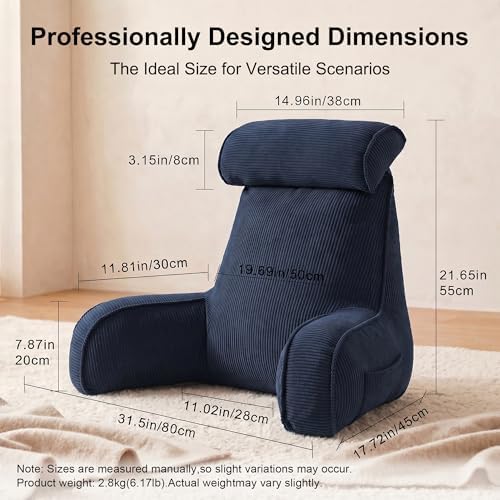 Bed Rest Reading Pillow with Arms & Detachable Headrest, Corduroy Backrest Cushion with Side Pockets & Washable Cover, Sit Up Pillow for Bed, Sofa Reading, Relaxing & Watching TV, Navy Blue - Image 4