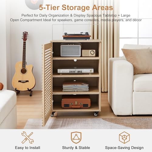 LEVNARY 5-Tier AV Media Cabinet with Grille Door & Adjustable Shelves, Modern Wooden Stereo Rack with Cable Management & Wheels, Audio Video Stand for Living Gaming Room Recording Studio (Natural) - Image 4
