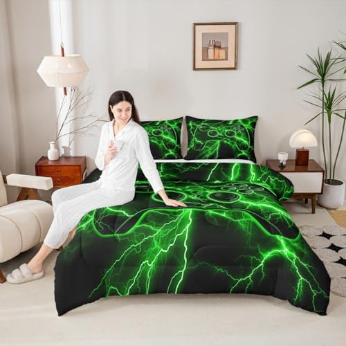 Erosebridal Gamer Comforter Set Gaming Twin Bedding Sets for Girls, Video Game Console Comforter Green Lightning Quilt,Boys Bedroom Decor - Image 3