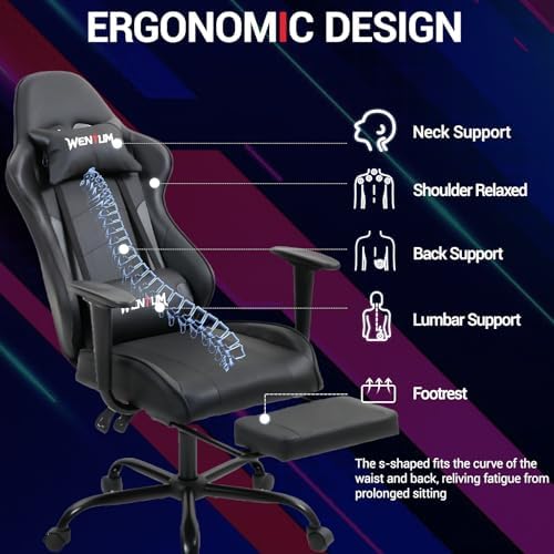 Gaming Chair with Footrest, Ergonomic PC Desk Chair with Headrest and Massage Lumbar Support, Video Game Chair w/Height Adjustable High Back for Home Office, Black - Image 4