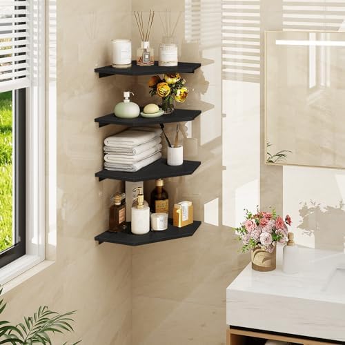 Homode Corner Floating Shelves, Corner Shelves Wall Mounted with Cord Hole, 4 Tier Diamond Shape Corner Hanging Shelving for Wall Storage, for Cable Box, TV Cords, Books, Plants, Black - Image 2