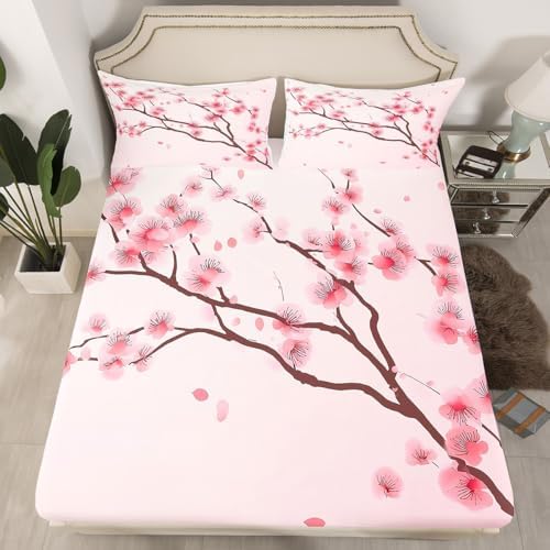 Cherry Blossoms Bed Sheets Girl Pink Floral Sheet Set King 4 Pcs Japanese Spring Bed Sheets Set + Blossom Petal Branch Floral Flat Sheet + Decor 2 Pillow Cases For Women,Girly Romantic Style - Image 2
