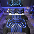 Feelyou Blue and Black Bedding Set Queen Size Gamer Comforter Set with Sheets 7 piece Game Controller Bed in a Bag Teens Decor Honeycomb Bed Set with Comforter,Sheets,Pillowcases & Cushion Covers by Feelyou
