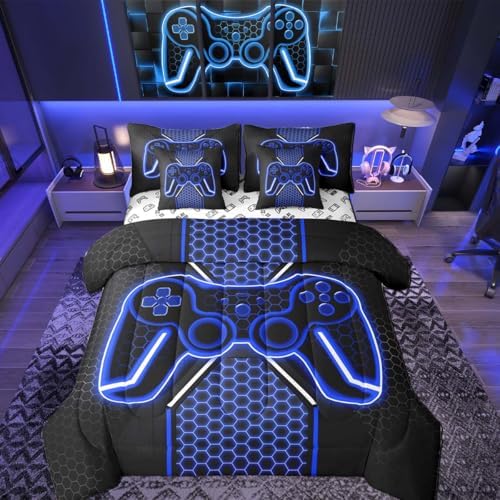 Feelyou Blue and Black Bedding Set Queen Size Gamer Comforter Set with Sheets 7 piece Game Controller Bed in a Bag Teens Decor Honeycomb Bed Set with Comforter,Sheets,Pillowcases & Cushion Covers by Feelyou