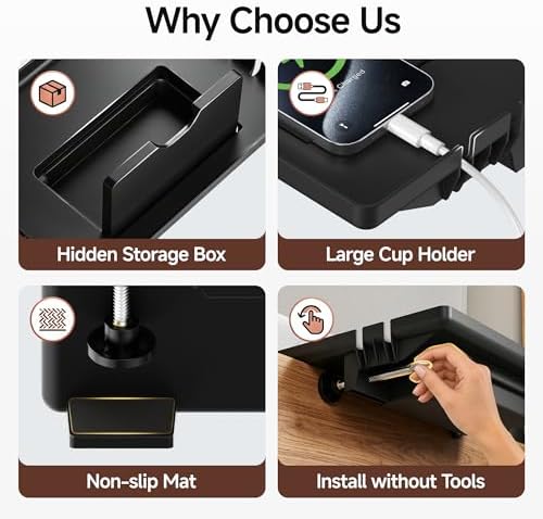 COOL-ANGLE Bedside Shelf for Bunk Bed & College Dorm, 13x9.5 Clamp-On Floating Nightstand with Hidden Storage & Cable Management, Fits Bed Rails up to 2.9", Black - Image 3