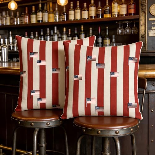 Patriotic Throw Pillow Covers, Red White Blue, Linen, 18x18 Inch, Set of 2, Farmhouse Style, July 4th Independence Day - Image 5