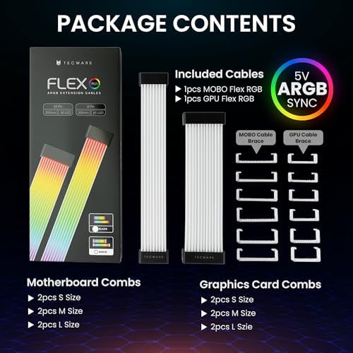 TECWARE Flex RGB Cable Cover Kit | Compatible with 24-Pin Motherboard and 8-Pin/16-Pin GPU | ARGB PSU Cable Extension with 5V 3-Pin Sync | RGB Lighting Kit for PC Cables | Black - Image 4
