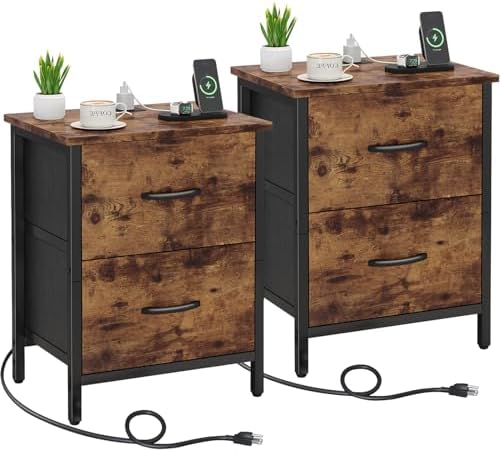 Vagusicc Nightstand Set of 2 with Charging Station, End Table Bedside Table with Power Outlet & USB Ports, Side Table with 2 Fabric Drawers for Bedroom, Living Room, Rustic Brown by Vagusicc
