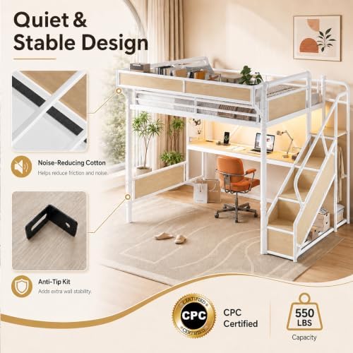 KEIKI Twin Size Metal Loft Bed Frame with Storage Staircase, Desk, White - Image 7