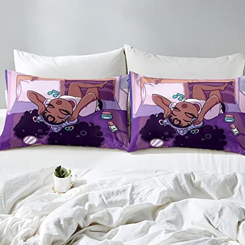 African American Comforter Sets, Pretty Black Girls Love Music Purple Duvet, Fluffy Afro Gilrs Comforter Bedding Set, Queen Size Black Girl Magic Comforter Sets 1 Comforter +2 Pillowcases - Image 4