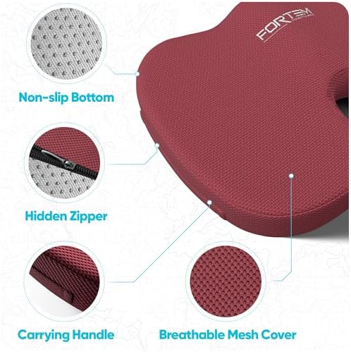 FORTEM Seat Cushion, Office Chair Cushion for Tailbone Sciatica Pain Relief | Memory Foam Pillow for Car | Ergonomic Design | Washable Cover | Non Slip | Red - Image 5