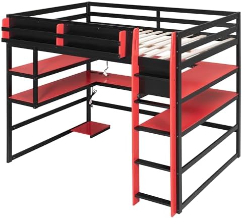 DNYN Gaming Loft Bed with Built-in Desk and Storage Shelves for Teens/Adults Bedroom, Space-Saving Full Size Wooden Bed Frame with LED & Side Race, No Box Spring Needed - Image 4