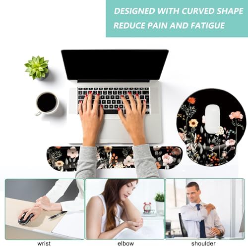 Keyboard Wrist Rest Pad Mouse Pad with Wrist Support Set of 3, Mousepad with Non-Slip Rubber Base, Ergonomic Memory Foam Mouse Wrist Cushion Support for Home Office Laptop Computer, Flower Black - Image 5