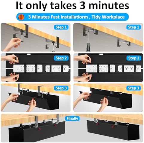 Under Desk Cable Management Tray - Under Desk Cord Management - Clamp/Screw Mount - Fabric Wire Management - Cable Raceways Tray Cord Hiders for Office/Home (Black, 36"×5.6") - Image 4