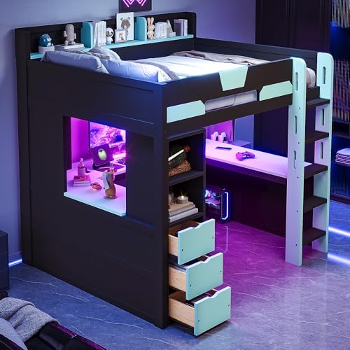 Merax Full Size Wood Gaming Loft Bed with U-Shaped Desk, Lights & USB Ports by Merax