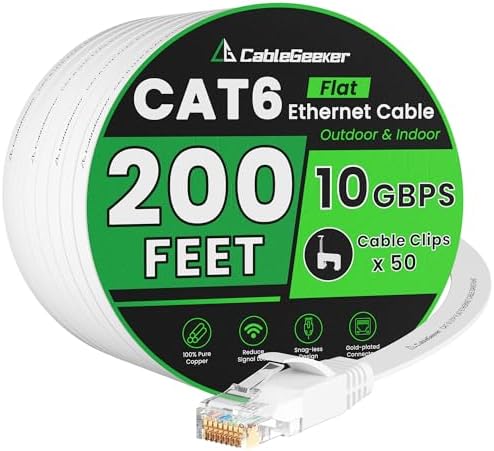 CableGeeker Cat 6 Flat Ethernet Cable 200ft, 10Gbps, White by CableGeeker