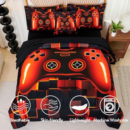 PERFEMET 6 Piece Orange Gaming Bedding Twin Game Console Boys Comforter Set - Image 4