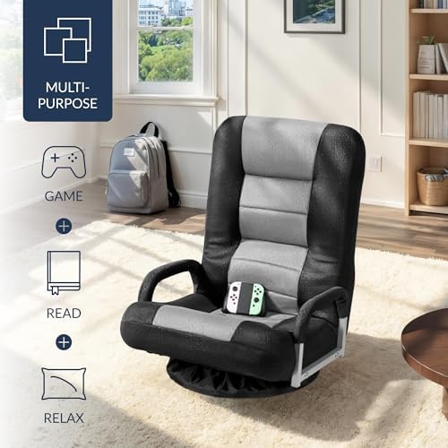 Best Choice Products Swivel Gaming Chair 360 Degree Multipurpose Floor Chair Rocker for TV, Reading, Playing Video Games w/Lumbar Support, Armrest Handles, Adjustable Foldable Backrest - Black/Gray - Image 4
