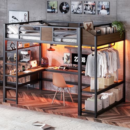 Bellemave Full Size Metal Loft Bed with L-Shaped Desk, LED Lights & Charging Station, Heavy Duty Loft Bed Frame with Hanging Rod and Storage Shelves for Kids, Teens & Adults, Space Saving,Black - Image 4
