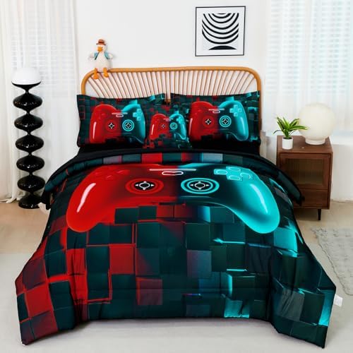 PERFEMET 6 Pieces Boys Bedding Set Full Red and Teal Game Kids Bed in A Bag by PERFEMET