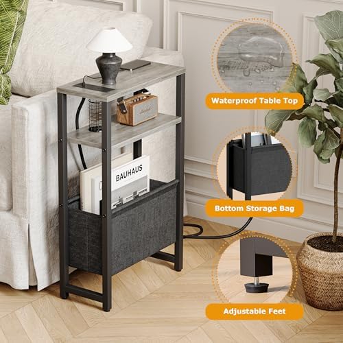 Narrow Side Table with Charging Station Slim End Table Sofa with Magazine Rack, Bedside Table for Small Spaces, 3 Tier Nightstand for Living Room Couch, Bedroom Oak Grey LET503QE - Image 6