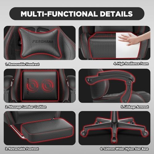 Ferghana Vintage PU Leather Gaming Chair, Ergonomic Gamer Chair with Massage, High Back Computer Office Chair with Footrest for Adults, Racing Style Reclining Video Game Chair (Black) - Image 5