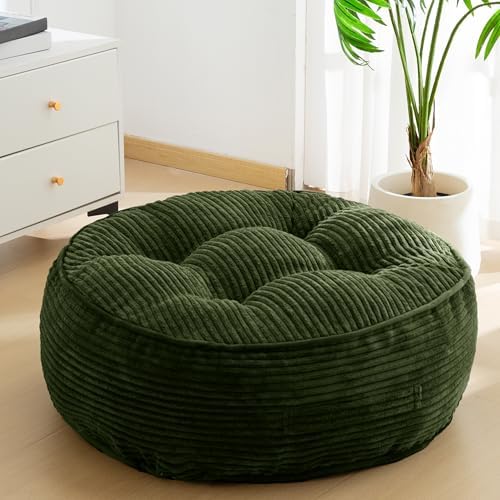 HIGOGOGO 8" Extra Thick Floor Pillow Cushion for Adults, Meditation Cushion Pillow, Large Round Floor Sitting, Tufted Corduroy Cover, for Tatami Living Room or Yoga, 22x22 Inch, Dark Green by HIGOGOGO