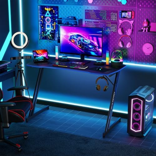 BestOffice 39" Gaming Desk Computer Gaming Desk Z Shaped Gaming Workstation Ergonomic Gaming Table with Headphone Hook for Game Players,Black&Blue - Image 2