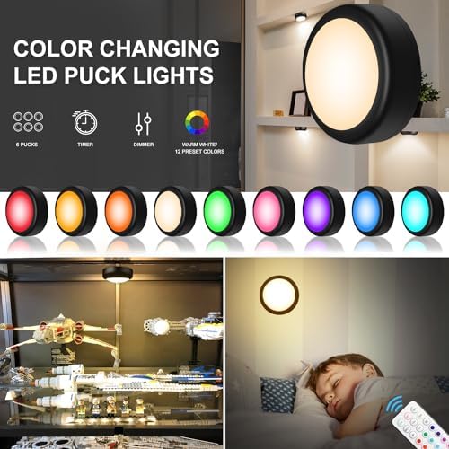 BLS LED Puck Lights with Remote Control, Wireless Under Cabinet & Closet Lighting, RGB 13 Color Changing Lights with Dimmer, Timer & AA Battery Operated, Push, Touch, Stick on for Night, Black, 2 Pack - Image 6