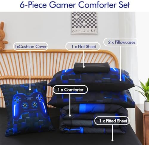 PERFEMET 6 Pieces Gamer Comforter Sets Kids Queen Size Blue Gamer Comforter Bed in A Bag for Boys Teen 3D Cool Video Gaming Black Bedding Set(Blue, Queen) - Image 3