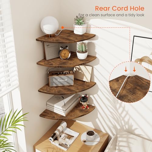Homode Corner Wall Shelf, 12 Inch Wide Wooden Corner Floating Shelves with Cord Hole, Set of 4 Round Corner Hanging Storage Shelving for Bathroom Living Room Small Spaces, Rustic Brown - Image 4