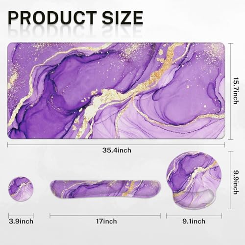 Arttown Keyboard Mouse Pad Set, 4 in 1 Desk Mat Set Marble Abstract Purple - Image 2