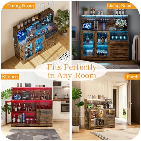 Home Bar Cabinet with Adjustable RGB LED Light, Wine & Coffee Storage with Rack & Drawers, Charging Station, Modern Liquor Cabinet for Living & Dining Room, All-in-One Wine Bar Cabinet (Rustic) - Image 7