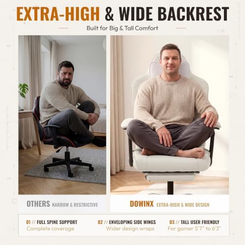 Dowinx Big and Tall Gaming Chair with Footrest for Home Office 500LBS White | High Back Leather Office Chair, Extra-Wide & Thick-Padded Seat Cushion with Ergonomic Lumbar Support and Soft Linkage Armrest - Image 4