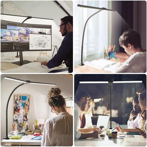 ShineTech LED Desk Lamp for Home Office, 4000K Neutral White Double Head Architect Task Lamps with Clamp, Dimmable Adjustable Flexible,Black - Image 4