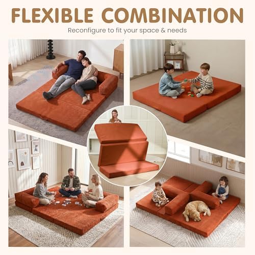 Convertible Sofa Bed Queen,5-in-1 Boneless Couch with Removable Armrests & Handle,Corduroy Futon Sleeper Sofa,Floor Folding Mattress Pull Out Bed for Small Space Apartment Living Room Bedroom,Orange - Image 3