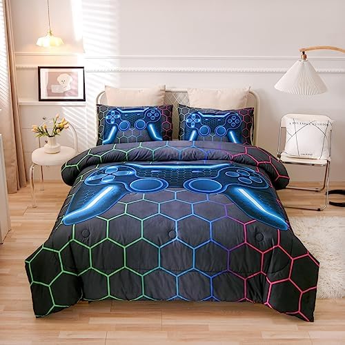 NTBED Game Console Comforter Set for Boys Girls Kids 3D Gaming Geometric Lightweight Microfiber Bedding Sets (Multi, Twin) - Image 2