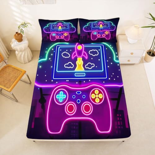Erosebridal Gaming Sheet Set Twin Purple Gamepad Fitted Sheet for Kids Boys Girls Modern Gamer Bed Sheet Set Vintage Video Games Top Sheet for Bedroom Decor with Deep Pocket Gaming Flat Sheet - Image 2