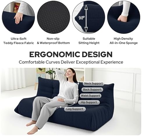 HABUTWAY Bean Bag Chairs Fireside Lazy Floor Sofa,3 Seater,Navy Blue | Soft Teddy Fleece 3 Seater Sofa with High-Resilience Foam Filling，Beanbag for Living Room, Bedroom, Office - Image 3