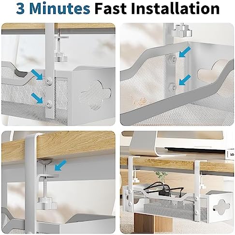 Under Desk Cable Management Tray No Drill, 13.38'' Metal Tray with Clamp for Wire Management, Litwaro Cord Organizer Home Office Damage to Standing Desk, White - Image 6