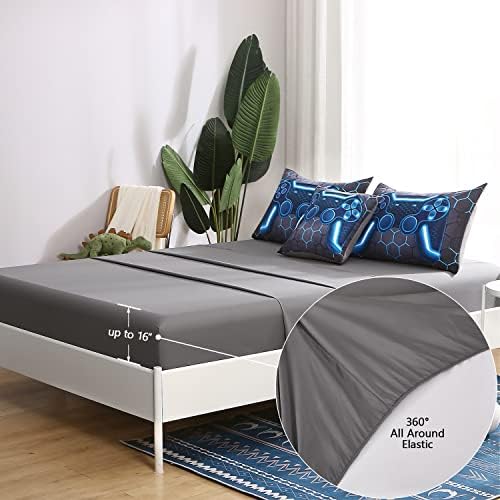 6Pcs Game Console Comforter Set with Sheets for Boys Girls Kids Teens, Geometric Gaming Themed Bed in A Bag Twin Size, Blue 3D Video Gamer Controller Bedroom Decor Bedding Set - Image 6