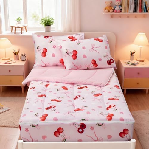 A Nice Night Zipper Bedding for Girls Chic Bow Comforter Set, Cherry Flower Printed Ribbon Bowknot Kids Bedding Set,Twin Size - Image 7