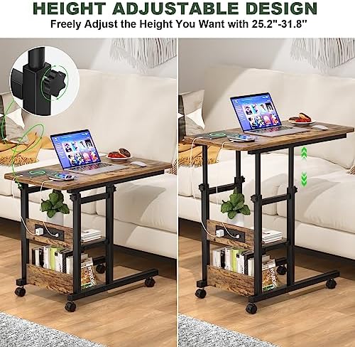 Rolling C Shaped End Table with Charging Station for Couch, Height Adjust - Image 3