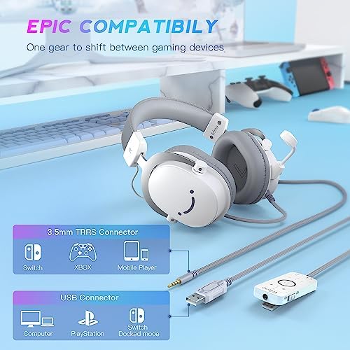 FIFINE USB PC Gaming Headset with 3.5mm Audio Jack, Detachable Microphone, 7.1 Surround Sound, Volume Control, Streaming Over-Ear Wired Headphones for Computer, PS5, Controller, Xbox-H9 White - Image 2